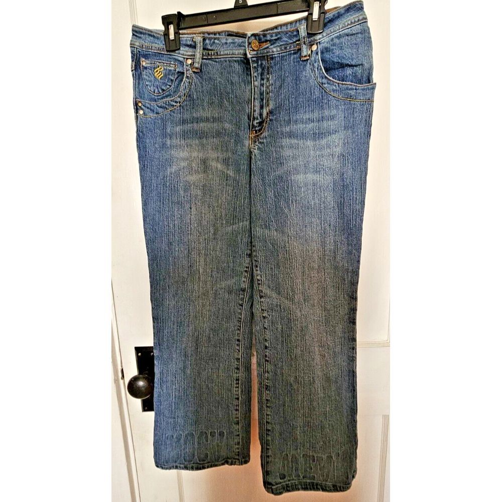 Vtg  Y2K Rocawear gold‎ logo Women Jeans sz 14 embroidery imprint logo hem